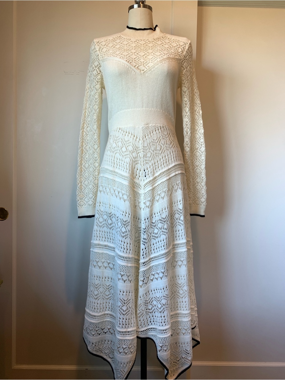 Anthropologie Cream Knit Lace Long-Sleeve Midi Dress with Black Trim